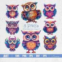 8 Png Owl, Owl Clipart Bundle, Cute Colorful Owls, Celestial Owl Png, Mystical Owl, Magical Owl Subl