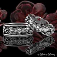 Sterling His Hers Matching Owl Wedding Bands, Silver Couples Great Horned Owl Forest Wedding Ring Se