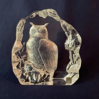 Mats Jonasson Crystal Great Horned OWL Sculpture Paperweight w/ Label Sweden c1976