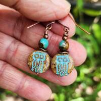 Czech Glass "Pebble" Owl Earrings, Boho Turquoise Owl Earrings, Antique Brass Earrings, Bi