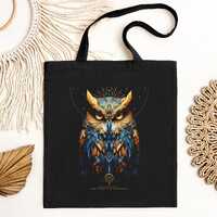 OWL Cotton Tote Bag, Black Canvas Shoulder Bag, Owl Spirit Animal Shopping Bag, Celestial Symbolic T