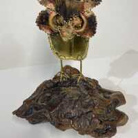 Midmod Brutalist Metal Owl Sculpture on Burl Wood Style of Curtis Jere OOAK