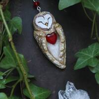 Barn Owl Necklace: Polymer Clay Pendant with Red Heart