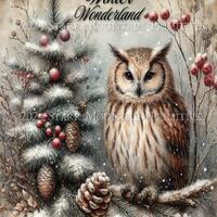 Primitive Farmhouse Winter Wonderland Owl in Snow Tree Berries Pinecones Printable Jpeg Digital Prin