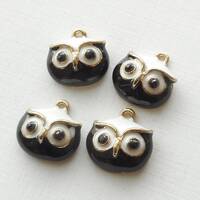 6pcs-gold tone enamel Owl head charm w/ black rhinestone eyes, DIY owl earrings, minimalist earrings