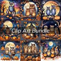 Owl Halloween Clipart Collection - Owl Digital Paper, Autumn Owl Art, Digital Download, Owl Wall Art