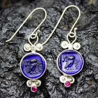 Intaglio Glass Owl Earrings | 24K Gold Over 925 Sterling Silver | Ancient Greek Athena Earrings | Go
