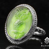 Black Owl Ring, Green Glass Intaglio Ring, Black Oxidized 925 Silver Ring, Handmade Signet Ring Bohe