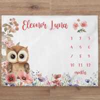 Floral Owl Milestone Blanket Personalized Baby Girl Month Blanket Wildflowers Nursery Custom Newborn