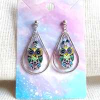 Silver Owl Teardrop Hoop Earrings, Violet Seed Beads