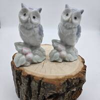 Blue & White Porcelain Owl Figurines, George Good, Set of 2