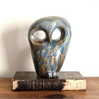 Vintage mcm abstract owl ceramic sculpture, blue brown marbled glossy glaze