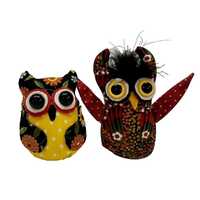 Handmade Colorful Fabric Owl Mini Figures Folk Art Country Home Style Fall Decor Unique One of a Kin