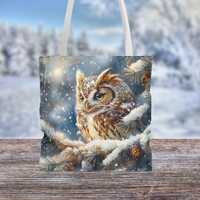 Owl painting tote, Winter owl bag, Snowy tree art, Holiday gift, Nature lover tote bag, Christmas an