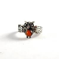 Vintage Sterling Silver Owl Ring - Orange Cabachon Gemstone  - Estate Jewelry - Size 7.75