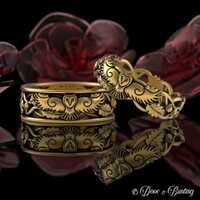 10K Gold His Hers Matching Owl Wedding Bands, 14K White Gold Great Horned Owl Forest Wedding Ring Se