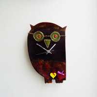 Black owl clock, ceramic wall clock of owl with black head and dark coloured body, ceramic owl clock