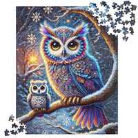 Magical Winter Owl Family Jigsaw Puzzle, Bird Lover Puzzle, Beautiful Puzzle for Mothers Day, Colorf