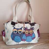 Owl print vintage womens bag Beautiful everyday womens handbag Fabric bags with owl print Owl style 