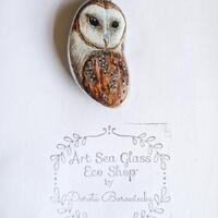 Owl Miniature painting on a sea pottery stone pendant. decoration ornament. Barn Owl  pendant. Owl R