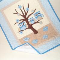 Organic Baby Blanket, Owl Crib Blanket,  Owl  Baby Blanket,  Blue Cream adn Beige Blanket,  Owl Nurs