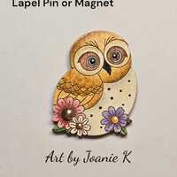 Gloria Garden Owl Hand-painted Wood Lapel Pin or Magnet Nature Art Jewelry Joanie
