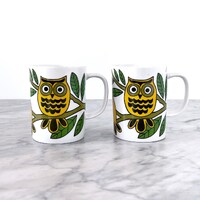 Pair of Vintage Owl Mugs - Atomic 1960s Boho Colorful