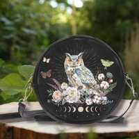 MYSTICAL CELESTIAL OWL Round Crossbody Bag, Vegan Leather Purse, Floral Owl Messenger Bag, Forest Bi