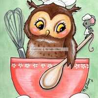 Cute Owl Painting Wall Decor, ORIGINAL art ,owl lover, gift for baker, kitchen decor, cute wall art,