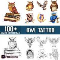 100+ Owl Tattoo Procreate Stamps, Brushes for Procreate, Instant Digital Download