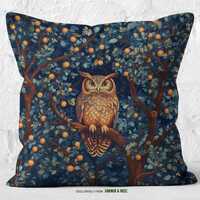 William Morris Style Owl Pillow: Autumn Orange Tree Decor