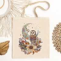 Luna OWL Tote Bag, Cotton Shoulder Bag, Canvas Shopping Bag, Cottagecore Celestial Floral Mystical M