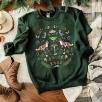 MYSTICAL WOODLAND Sweatshirt, Forestcore Pullover with Fox Owl Moth Frog Mushrooms and Fern design, 