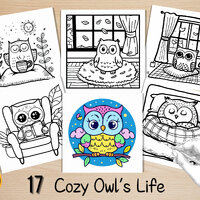 Bold and Easy Coloring Book, Cute Owl Life Coloring Pages, Cozy Animals Coloring, Relaxing Activity 