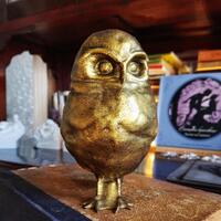 Decorative stylized Owl figure, antique gold, 3D printed model, standing, tabletop bird home art dec