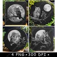 Owl Tree Branch Lunar Full Moon Nocturnal Wild Night Laser File Coaster Burn Grayscale Slate PNG Ima