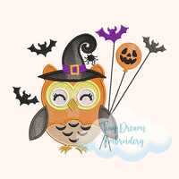 Halloween Witch Owl Embroidery Design: Pumpkin Bat Balloon (Digital Download)