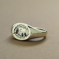 Engraved Owls Signet Ring · Custom Birds Ring · Round Shaped Ring · Owl Jewelry
