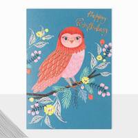Cute Pretty Owl Happy Birthday Greetings Card: Floral Animal Nature Bird Lover, UK Made, FREE SHIPPI
