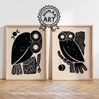 Set of Two Owls Art Print, Minimalist Little Owl of Minerva Wall Art, Owl of Athena Bird Poster, Owl