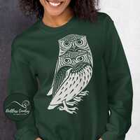 Vintage Woodcut Owl Print Sweatshirt, Cottagecore Nature Inspired Art Sweater, Folk Art Owl Gift, Gi