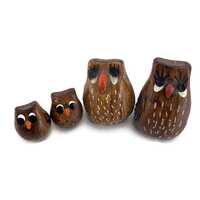 Signed Mini Owl Family of 4 Figurines Carved Wooden Hand Painted 1.25" Whimsical Novelty Quirky