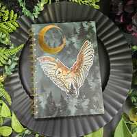 A5 Size SPIRAL NOTEBOOK: Forest Owl and Gold FOIL Moon Lined Pages , Forest Owl Notebook , Owl and M