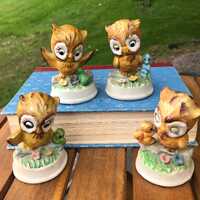 Ceramic Bisque Owls Napcoware Set of 4 figurines w/ little frog squirrel  blue bird inch worm forest