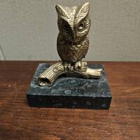 Vintage Brass Owl on Marble Pedestal Base Paperweight, Bird Sculpture, Figurine- 3.5" Tall x 3&