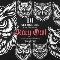 10 Bundle Dark Art Angry Scary Owl Head Black and White Illustration Tattoo Clipart Digital File Vec