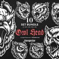 10 Bundle Dark Art Angry Wild Owl Head Black and White Illustration Tattoo Clipart Digital File Vect