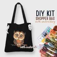 DIY Owl Bird Tote Bag Kit, Bead Embroidery Craft, Handmade Beading Shopper Bag Pattern, Beginner Cra