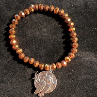 Fall Silver Barn Owl Charm with Glass Crystal Brown Beaded Bracelet.