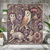 Vintage Woodland Shower Curtain | Enchanting Owl and Rabbit Design | Nature-Inspired Bathroom Decor 